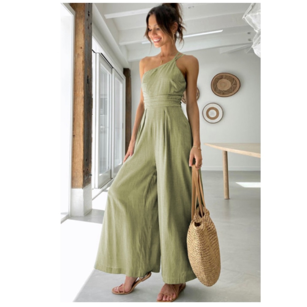 Green Asymmetric One-shoulder Wide Leg Jumpsuit